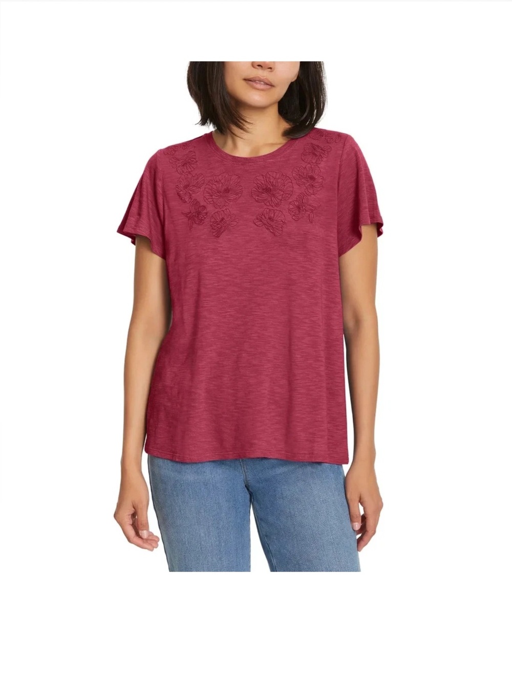 Ella Moss Women's Short Sleeve Embroidered Top Dark Pink Large